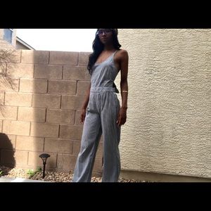 navy and white checkered jumpsuit